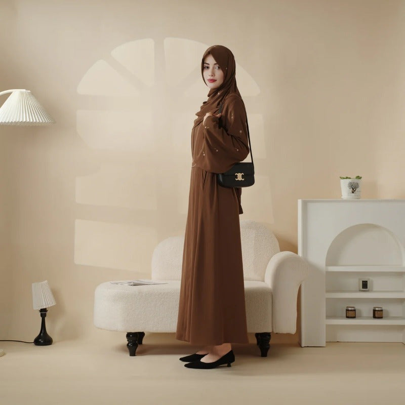 Tulip Embroidery Open Abaya 4pcs set: Includes open abaya, inner dress, matching belt, and hijab