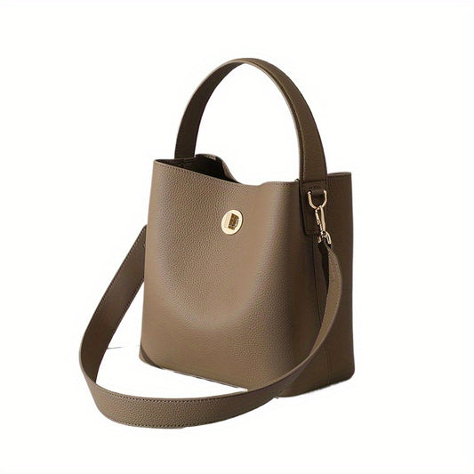 Genuine Leather Women's Bucket Bag Stylish Brown Shoulder Handbag, Tote Bag with Detachable Shoulder Strap