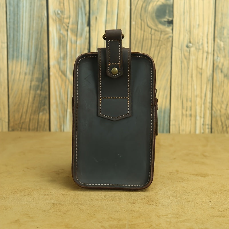 Men's Vintage Crazy Horse Top-Grain Vintage Leather Waist Bag, Casual Style, Multi-Functional Fanny Pack for Daily Commute, No Print, Durable Belt Hanging Pouch for Mobile Phone