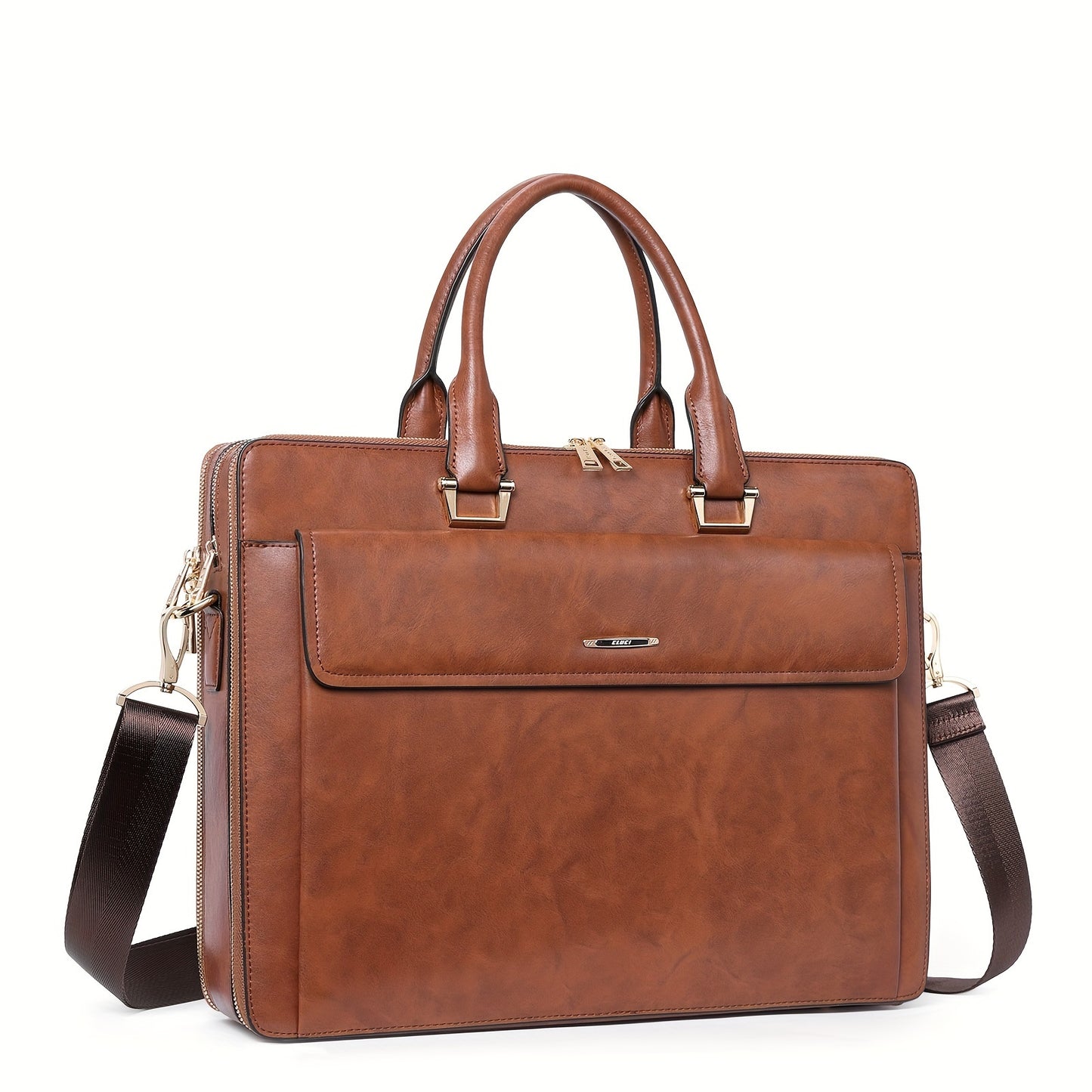 Premium Genuine Leather 15.6" Business Laptop Bag for Women - Light Brown, Adjustable Shoulder Strap