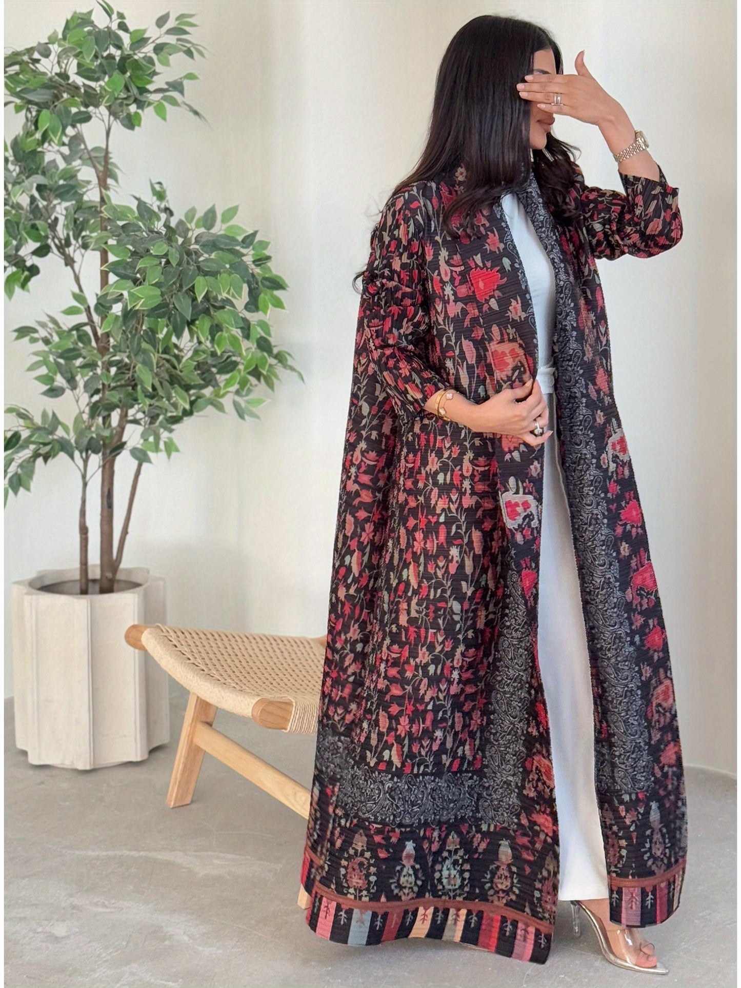 2025 Eid Al-Adha Ready - Stylish Black & Red Floral Print Abaya with Geometric Pattern, Long Sleeve Kaftan Dress for Women, Minimalist Belt Detail, Perfect for Hijabi Fashion