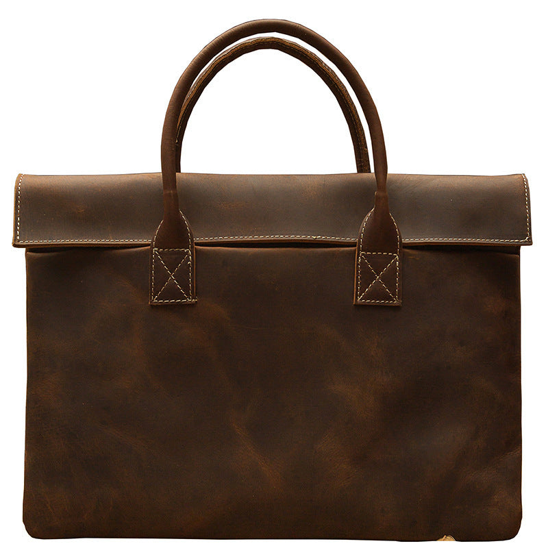 Lightweight Men's Genuine Leather Laptop Bag - Minimalist Business Casual Tote with Brown Accents, Durable Polyester Lining