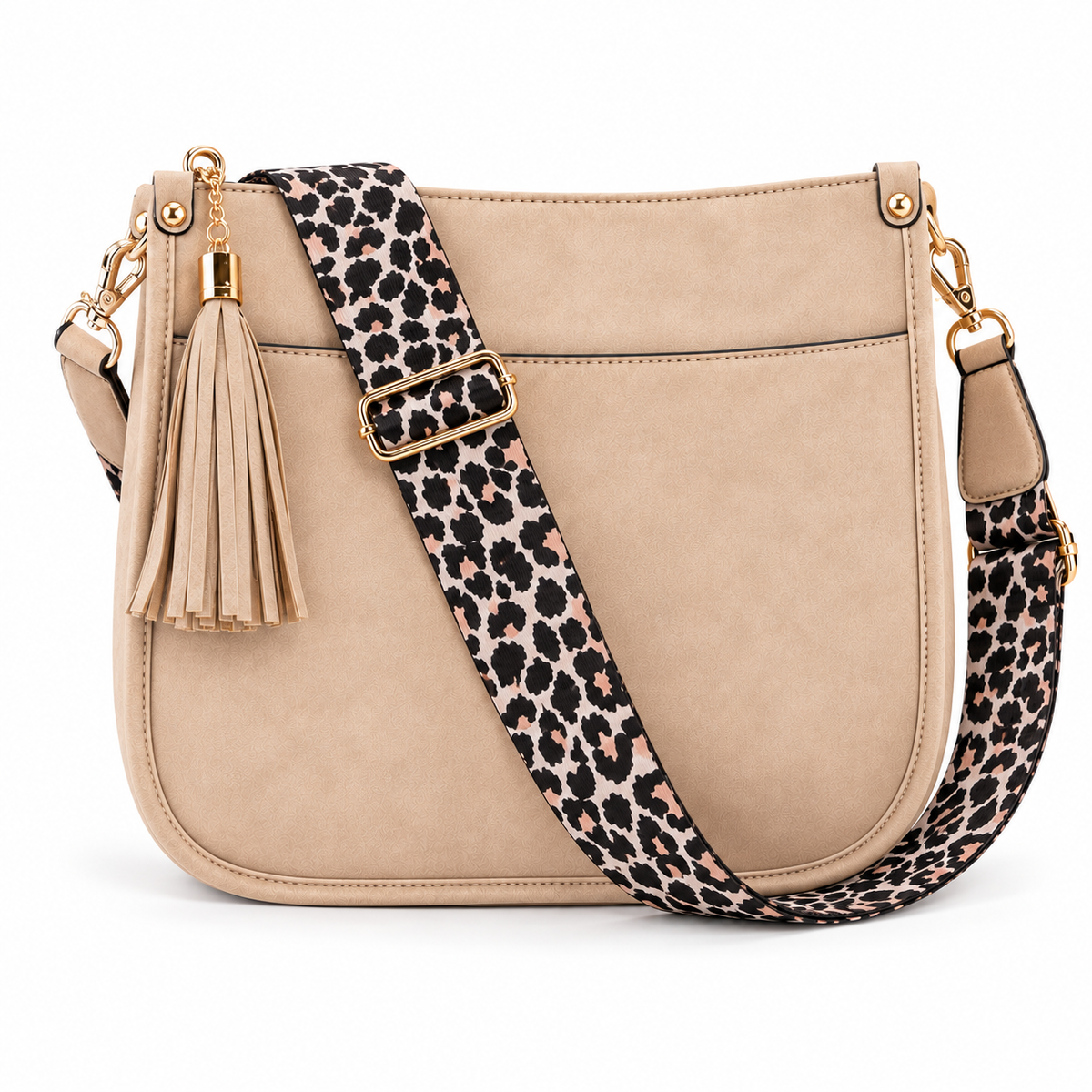 Beige Vegan Crossbody Bag Leopard Strap