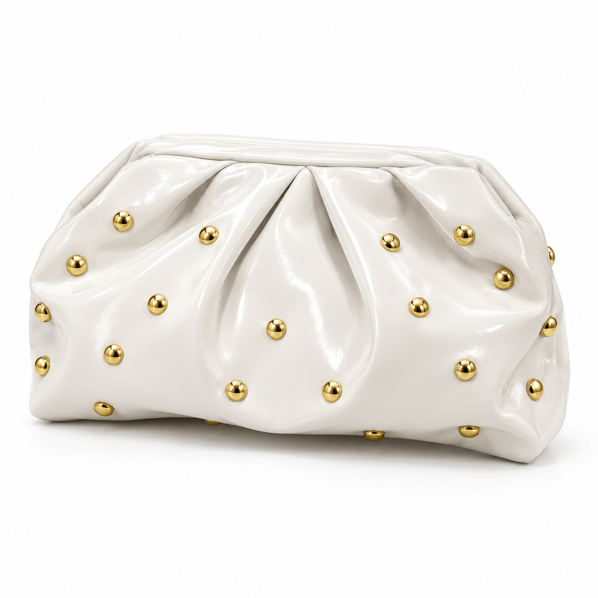 White Leather Clutch With Golden Studs