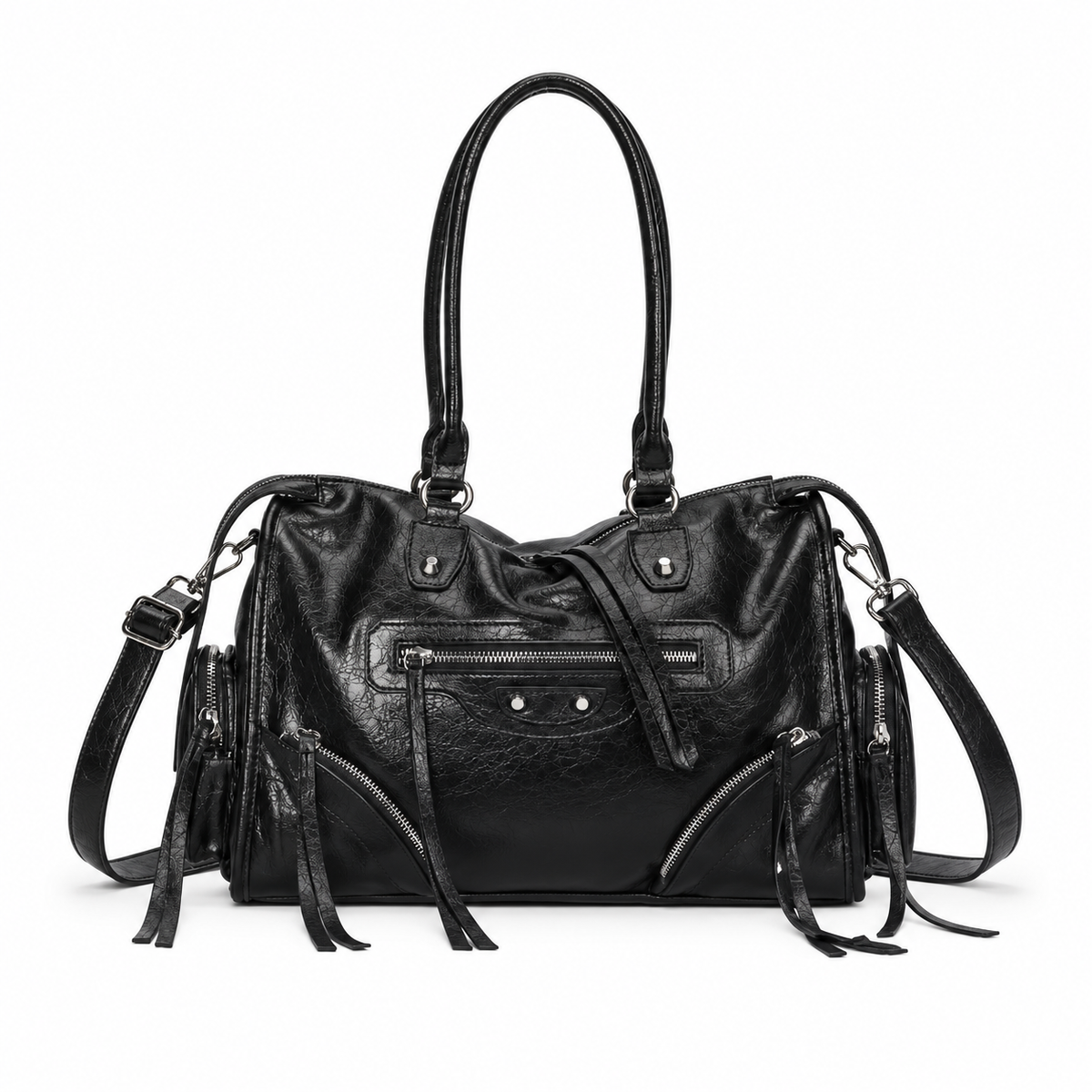 Vintage Black Leather Multi-Pocket Shoulder Handbag