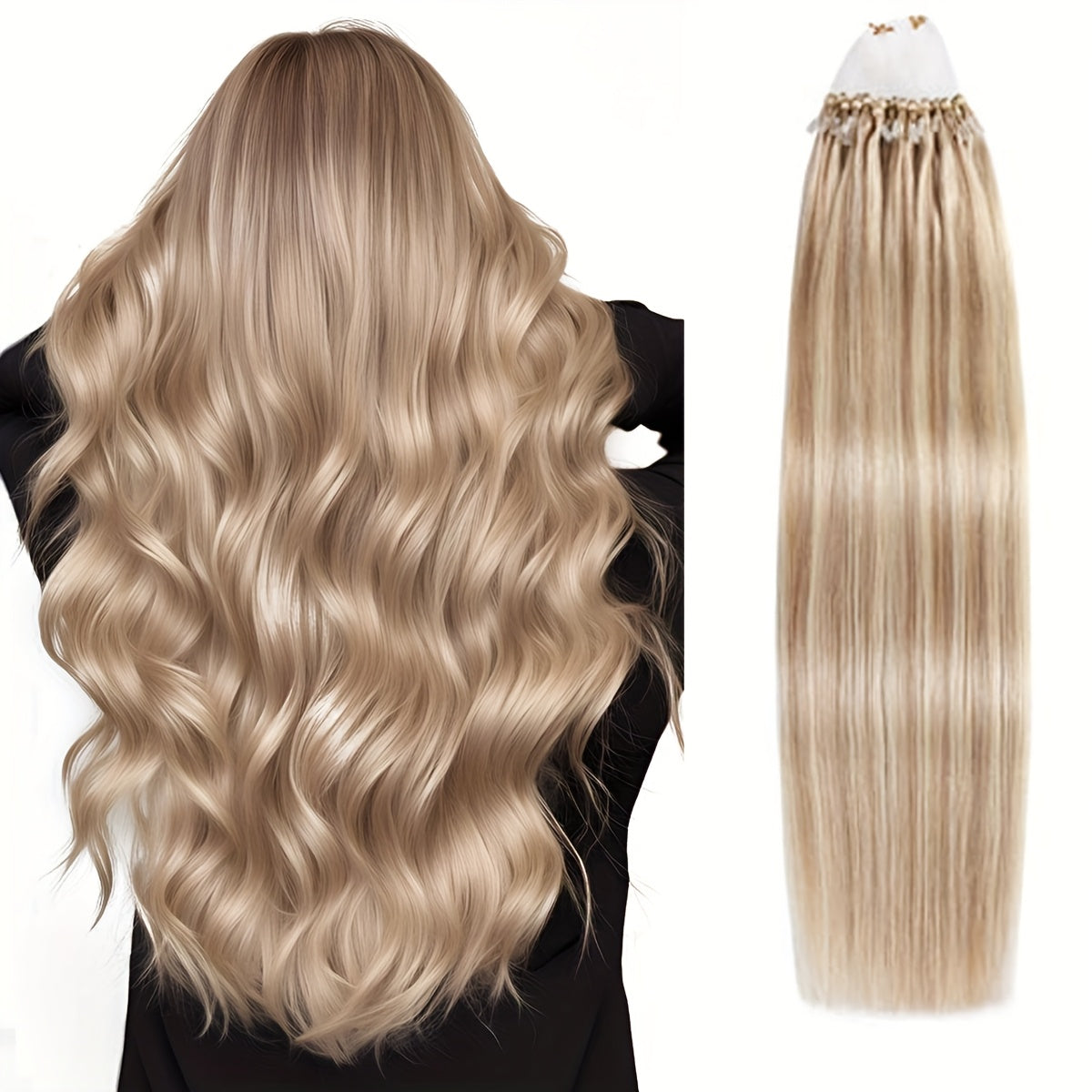 50 Strands of DNE Hair Microlink Human Hair Extensions Ranging from 14 to 24 Inches in Light Brown And Blonde, Featuring Straight Hair with Cold Fusion Micro Loop Invisible Seamless Bead Extensions Designed for Women. Made fr