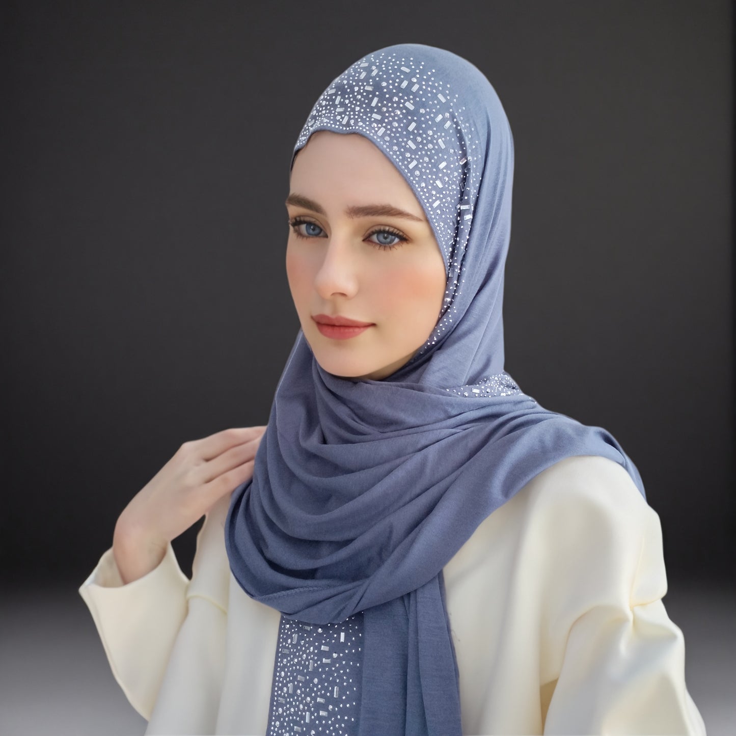 Elegant Black Stretch Bamboo Jersey Hijab Scarf Shawl for Women | Elastic Soft Large Headscarf with Sparkling Rhinestone Trim, Hand Washable Muslim Woven Head Cover & Hair Accessory, Modest Fashion