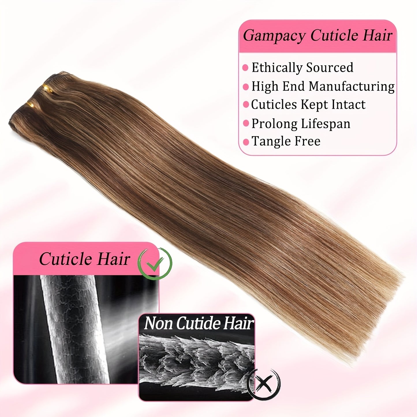Human Hair Clip-In Extensions in Medium Brown to Caramel Blonde, Featuring Natural Straight Strands. This Set Includes 8pcs with Color 4/27, Designed for Women. These Weft Extensions Are Suitable for Everyday Use And Come in