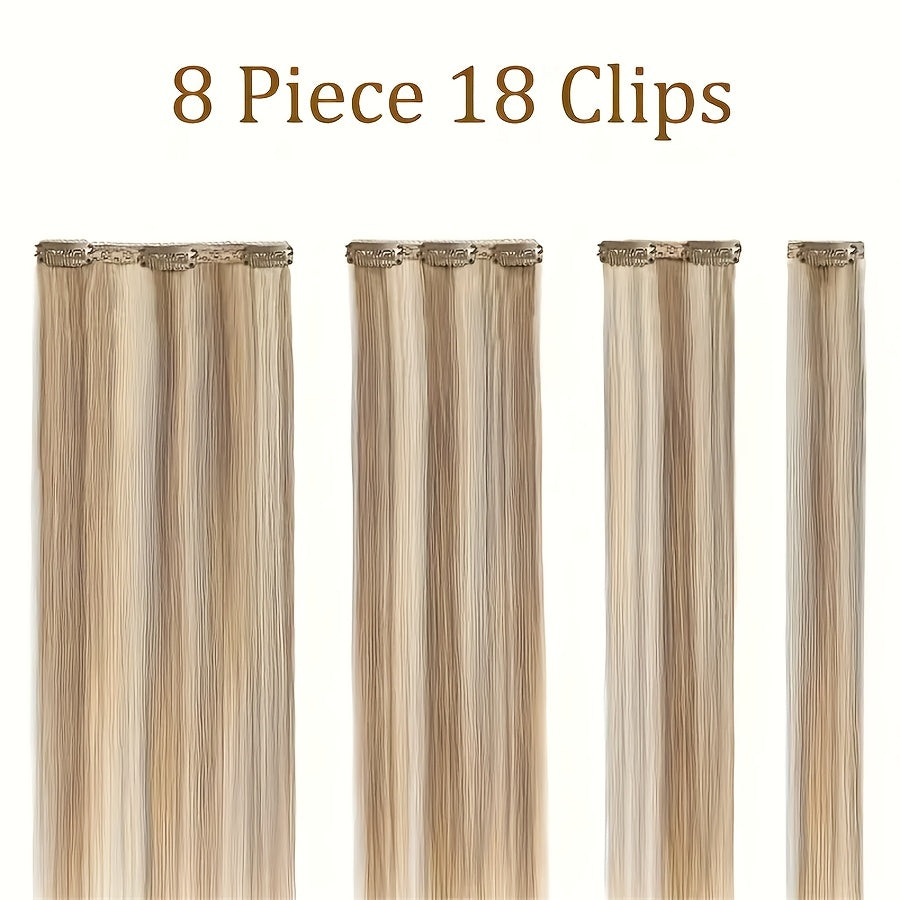 8pcs Clip In Hair Extensions 100% Real Human Hair P8/613 Color Brown Highlight Blonde For Women Daily Use Real Easy Wear