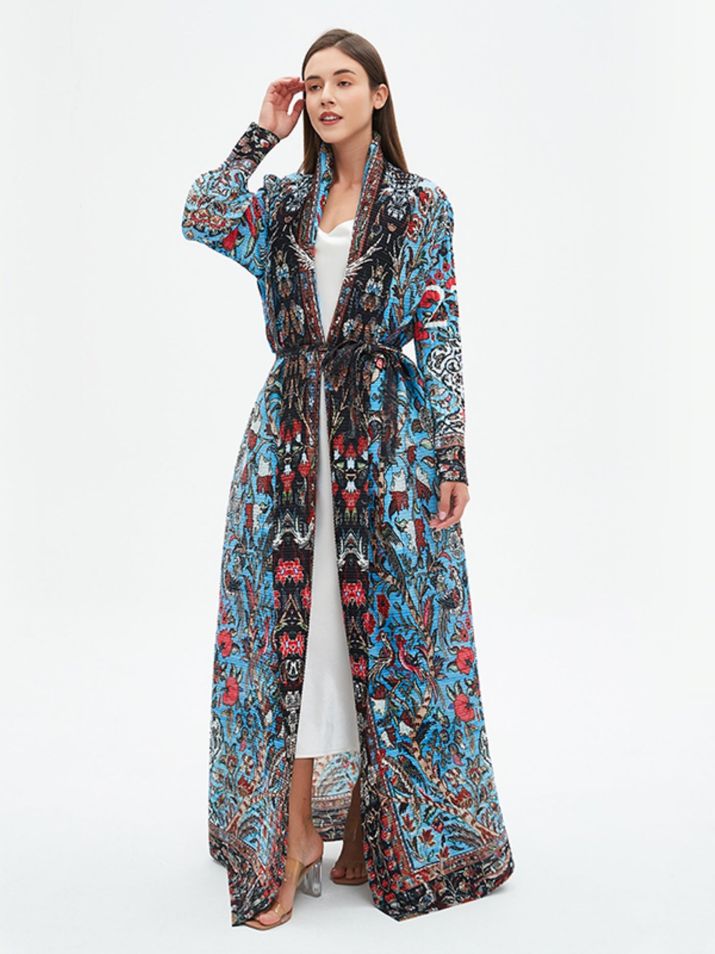 Elegant Middle Eastern-Inspired Geometric Print Abaya Dress with Intricate Embroidery - Lightweight Polyester, High Elasticity, Sun Protection, Perfect for Spring/Summer/Fall