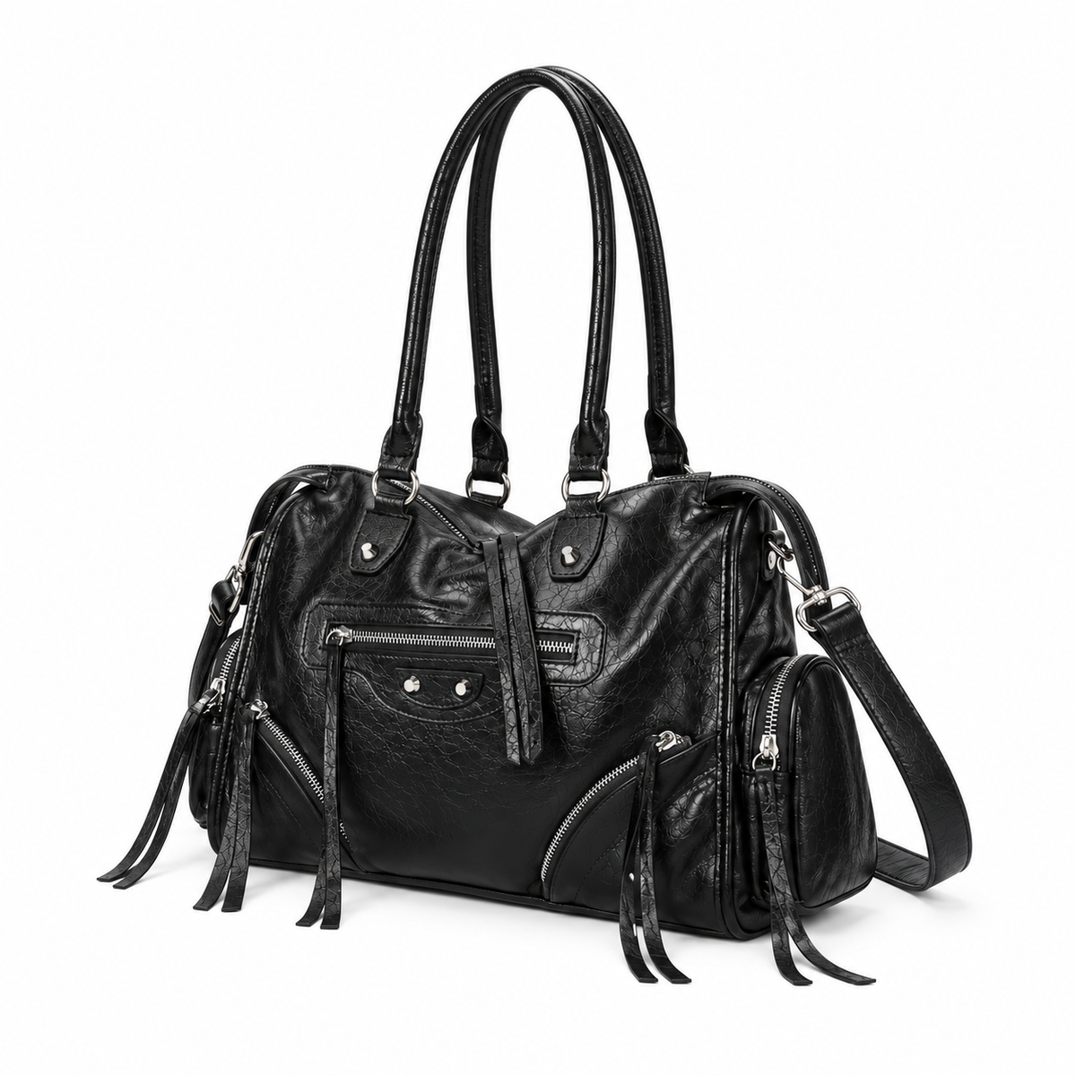 Vintage Black Leather Multi-Pocket Shoulder Handbag