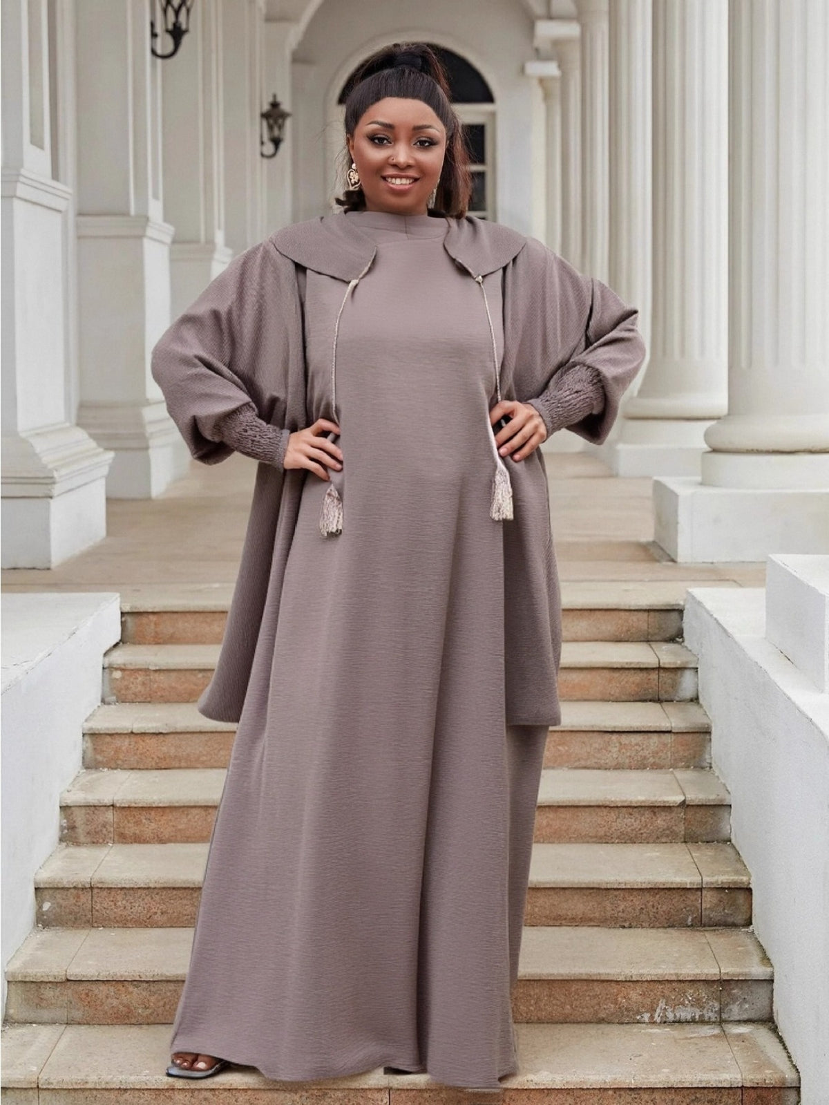 Plus Size Women's Hooded Long Sleeve Abaya - Oversized Loose Fit Solid Color Casual Elegant Gown, Machine Washable All-Season Comfort for Casual Attire, Leisure Outfit