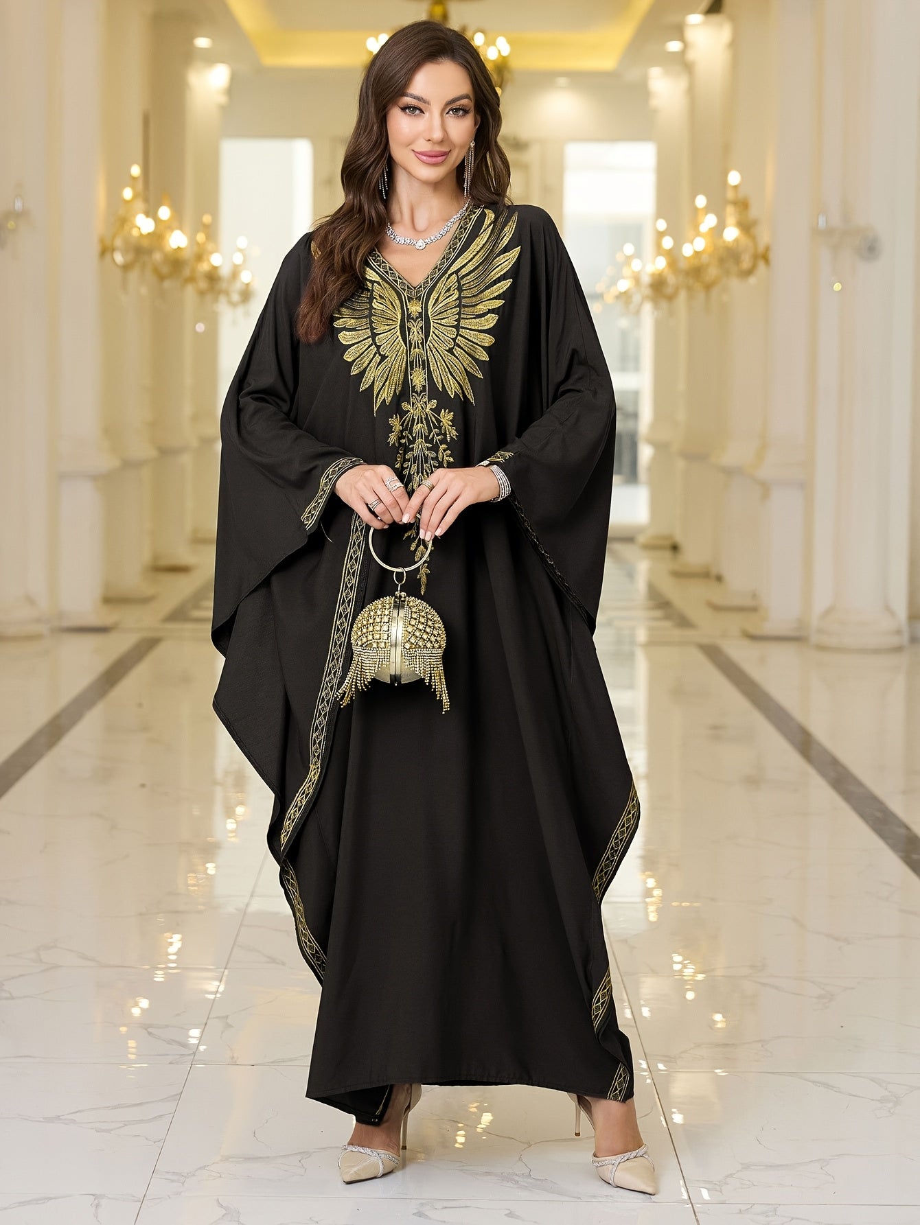 Women's Plus-Size Maxi Dress - Elegant Brown & Golden robe-like gown with Long Batwing Abaya Sleeves, Non-See-Through Formal/Beach/Evening Dress for Women