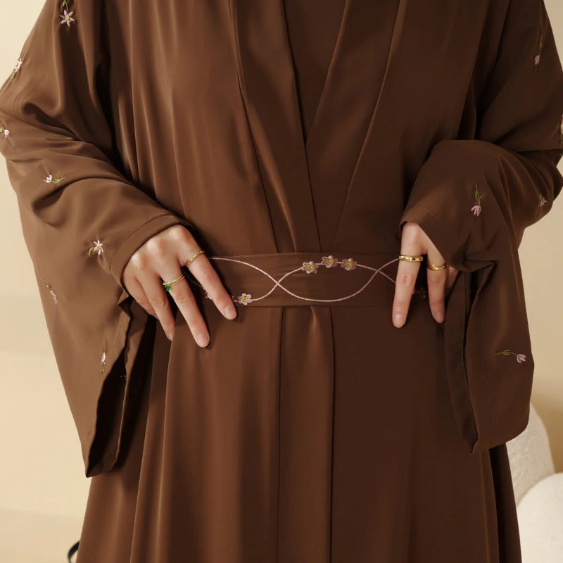 Tulip Embroidery Open Abaya 4pcs set: Includes open abaya, inner dress, matching belt, and hijab