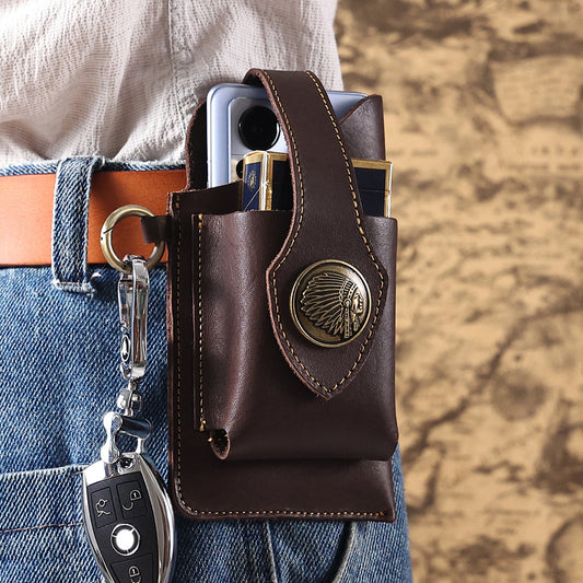 Men's Genuine Leather Mobile Phone Key Belt Bag Creative Vegetable Tanned Leather Waist Bag Men Wear Belt Tactical Waist Bag