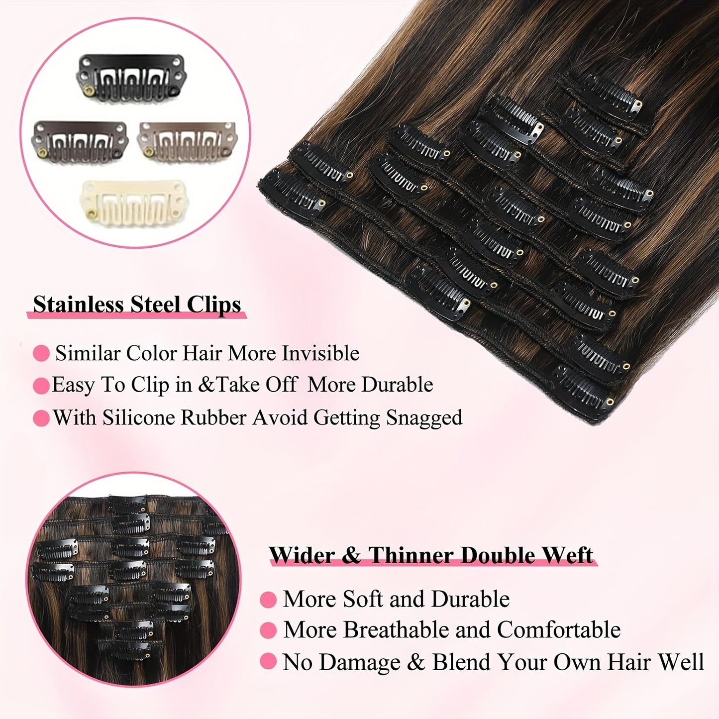 Real Human Hair Clip-In Extensions, Seamless Design for Women, Made from Remy Hair, Featuring Double Wefts with 8pcs Available in Lengths from 14 to 24 Inches, Transitioning from Natural Black to Chestnut Brown