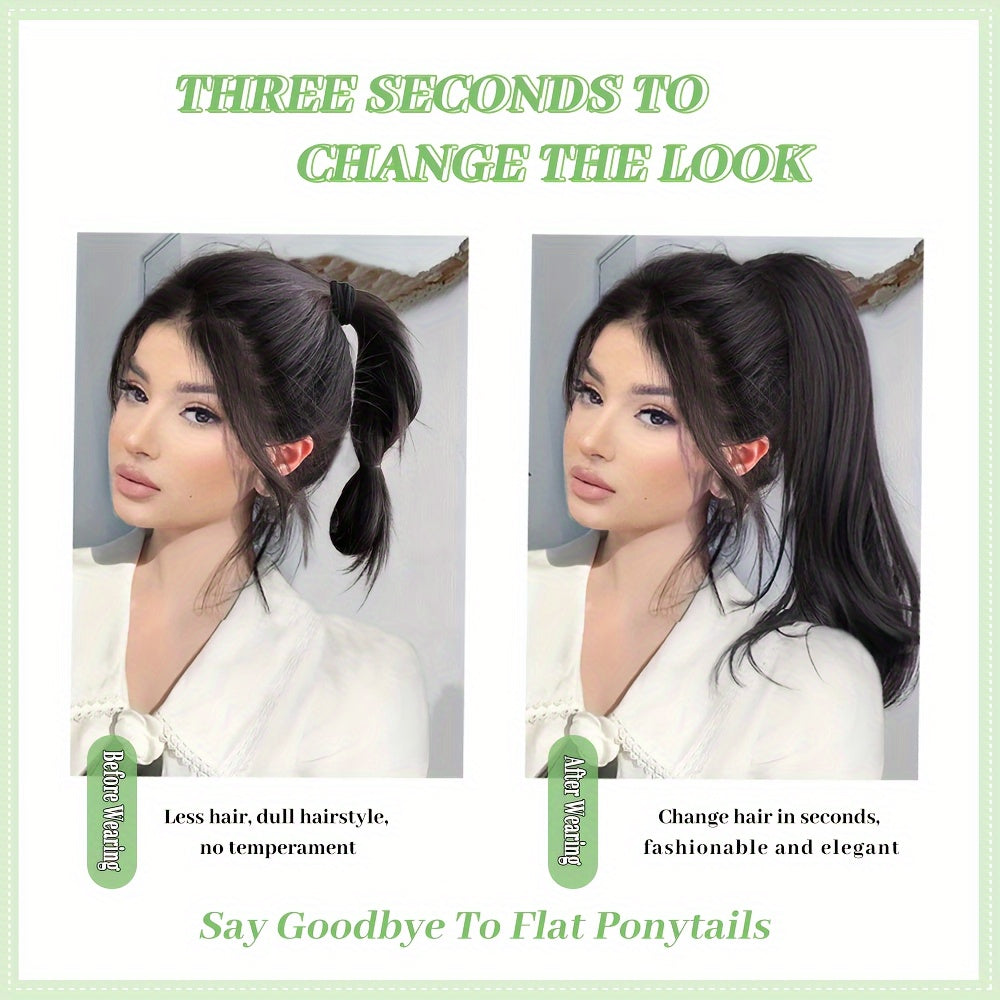 Black 23.62inch Clip-On Ponytail Hair Extension Wig for Women, Featuring a Long Straight Hairpiece