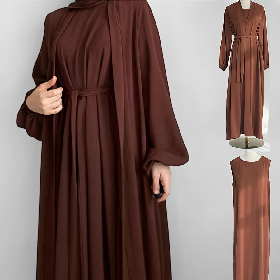 3pcs Elegant Open Arabic Abaya & Pocket Belt Abaya Set - Solid Color, Stretchy Polyester, Breathable for Spring/Summer - Ideal for Ramadan & Muslim Women, Lightweight Islamic Kaftan Dresse