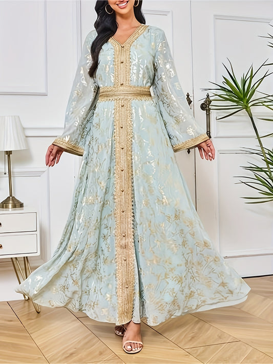Elegant V-neck Foil Stamping Long-sleeved Palestinian Abaya