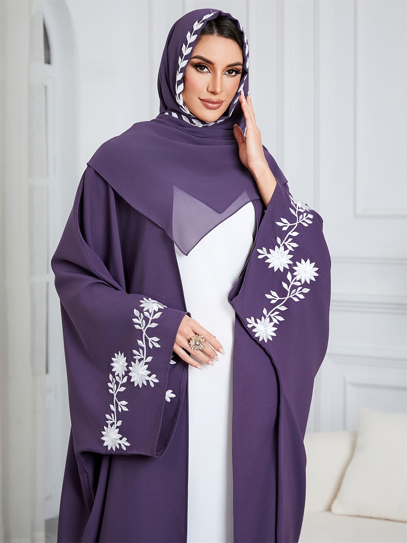 Purple & White Elegant Dubai Floral Open Abaya Hijab Set - Kaftan Dress with Batwing Sleeves, Loose Fit for Women | All Seasons, Floral Design, Texture