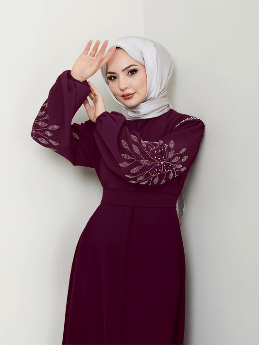 Elegant Middle Eastern-Inspired Rhinestone & Pearl Embellished Long Palestinian Abaya Dress - 100% Polyester Solid Black Floor-Length with Belt, Hand Wash Only for Modest Women