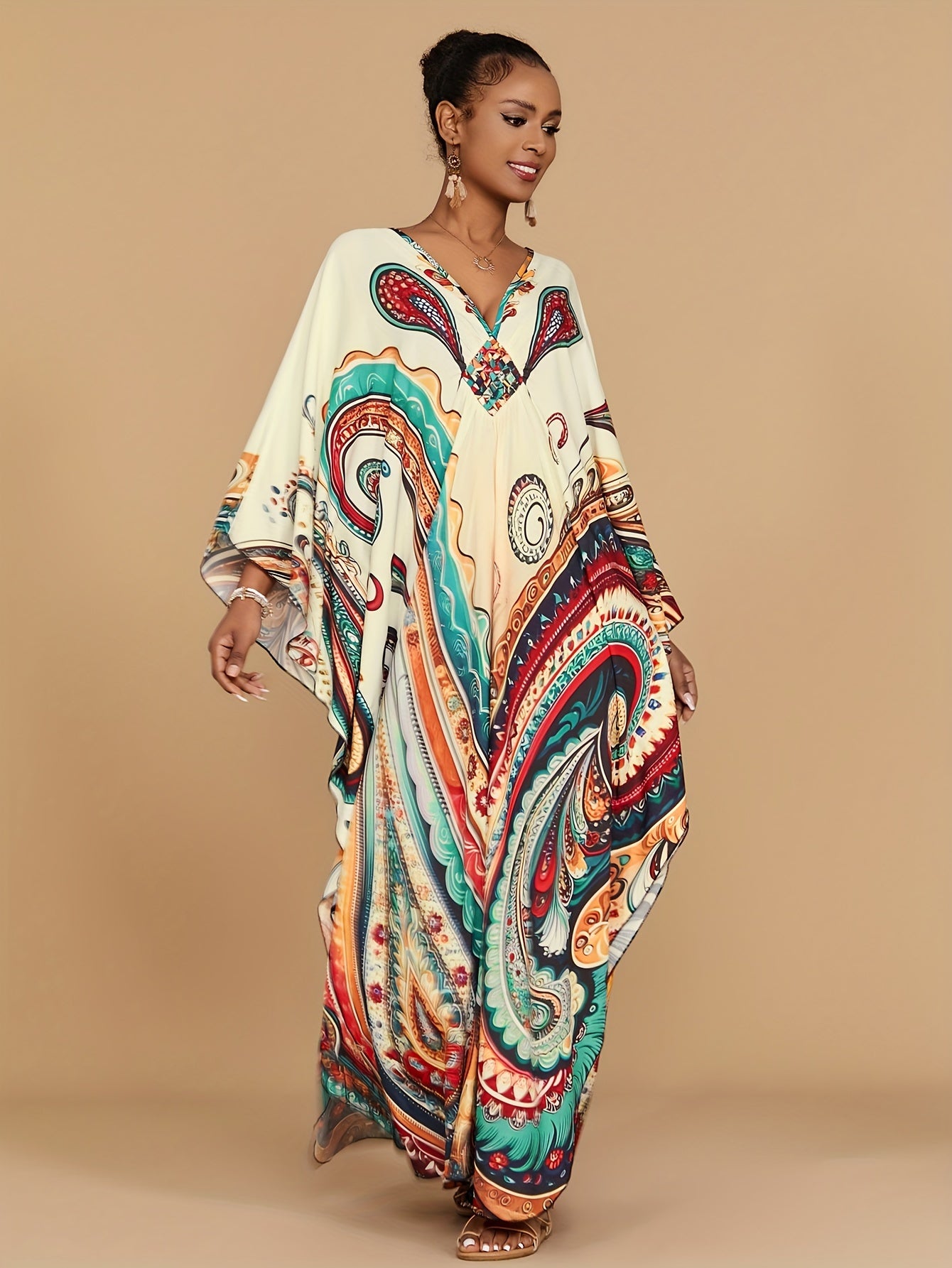 Vibrant Bohemian Kaftan Dress - Four-Sided Elastic V-Neck, Bat Sleeves, Beach Cover-Up