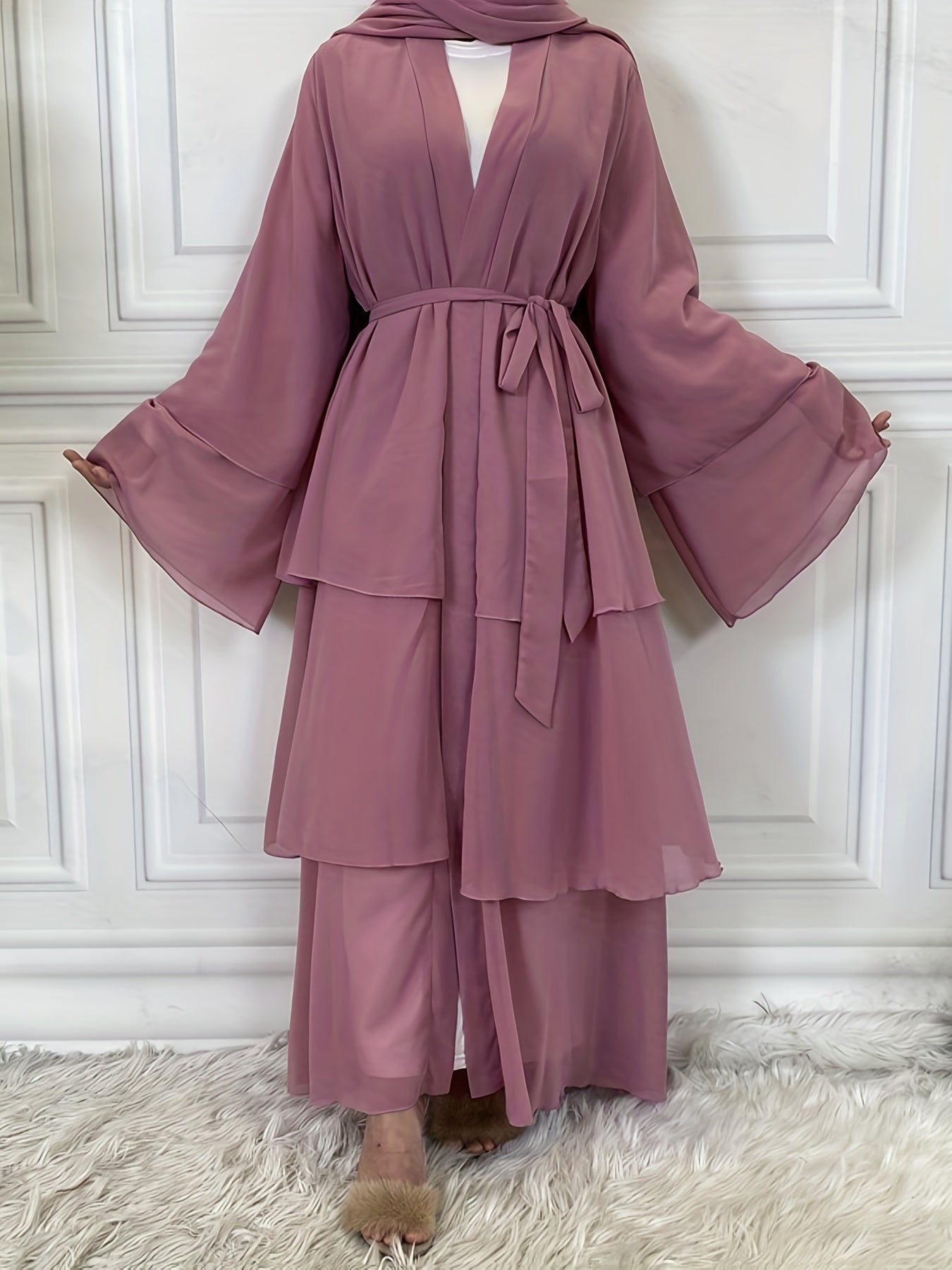 Ramadan Layered Open Front Modest Pakistani Abaya, Long Sleeve Muslim Dress With Belted, Without Hijab, Women's Clothing