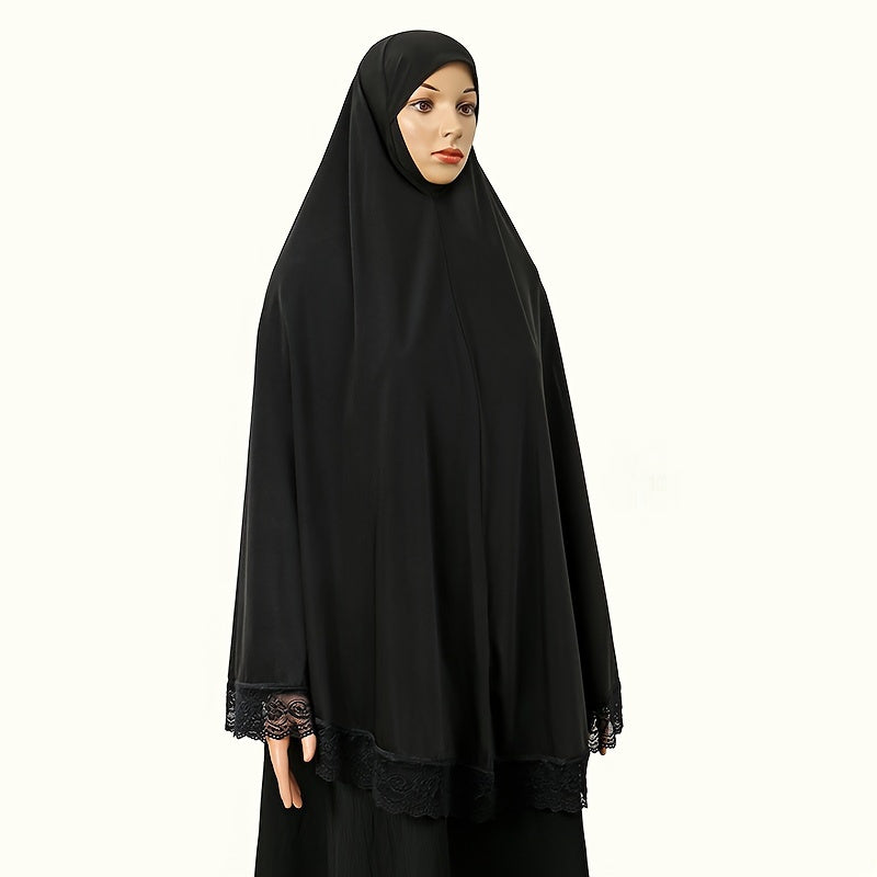 Elegant Muslim Khimar Abaya with Lace Trim - Lightweight Polyester, Breathable & Wind Shielding, Machine Washable Smooth Solid Color Design for Casual & Outdoor Wear, & Versatile Styling, Hijab Scarf