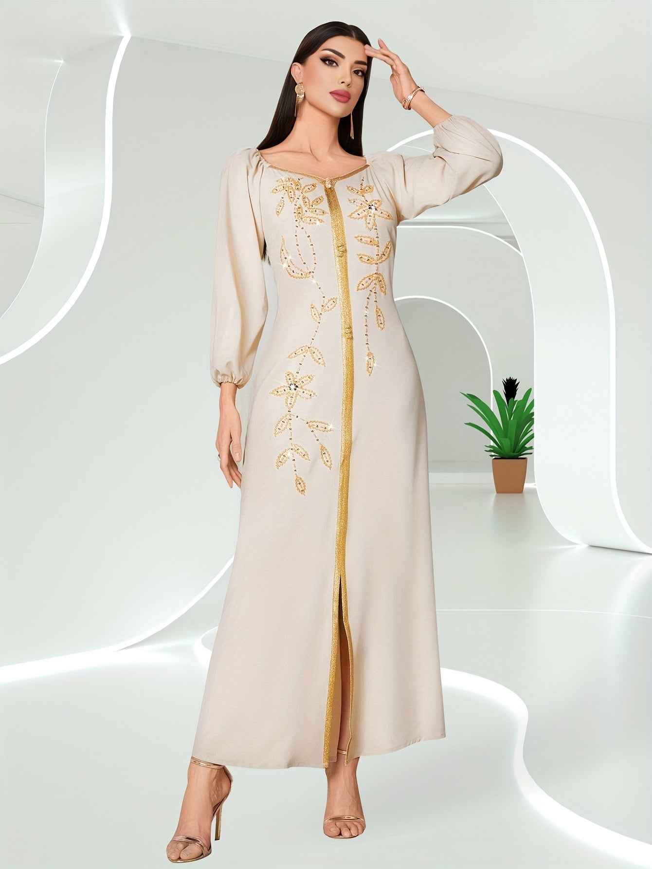 Elegant Long Sleeve Polyester Dress with Lantern Sleeves, Solid Color, Tie Back, and Belted Waist Palestinian Abaya