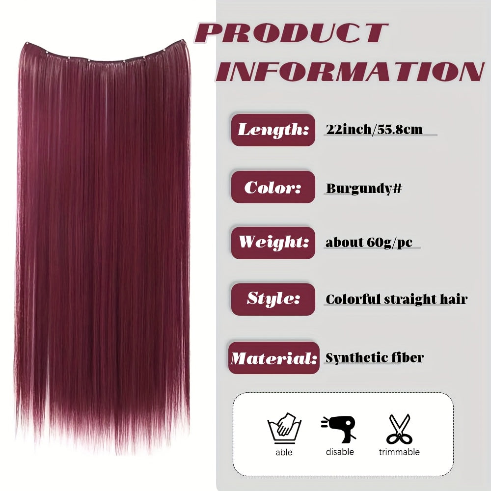 22Inch Long Straight Colorful Synthetic Hair Extensions - Invisible Clip-In, High Temperature Resistant, Easy to Wear for Women, Perfect for Parties & Holidays, Burgundy Hair Additions