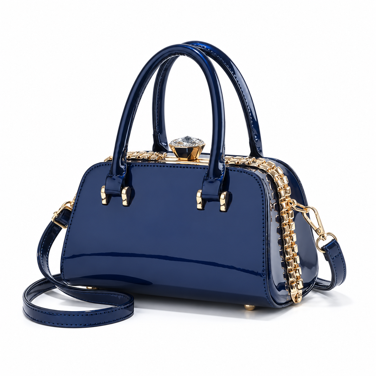 Navy Blue Glossy Crystal Clasp Handbag