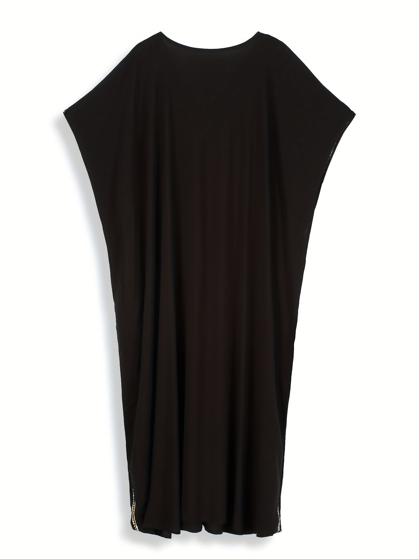 EDOLYNSA Sexy V-Neck Black Retro Colorful Embroidered Batwing Sleeve Elegant Dress Middle Eastern Fashion Loose Kaftan Long Robe Q1865
