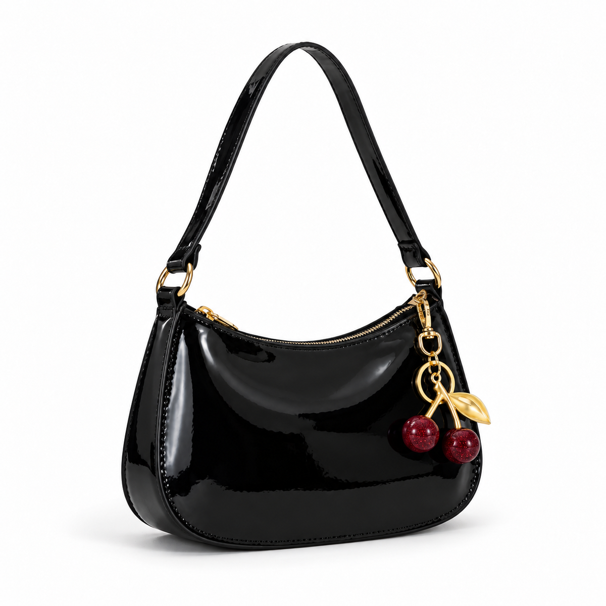 Glossy Black Cherry Charm Shoulder Bag