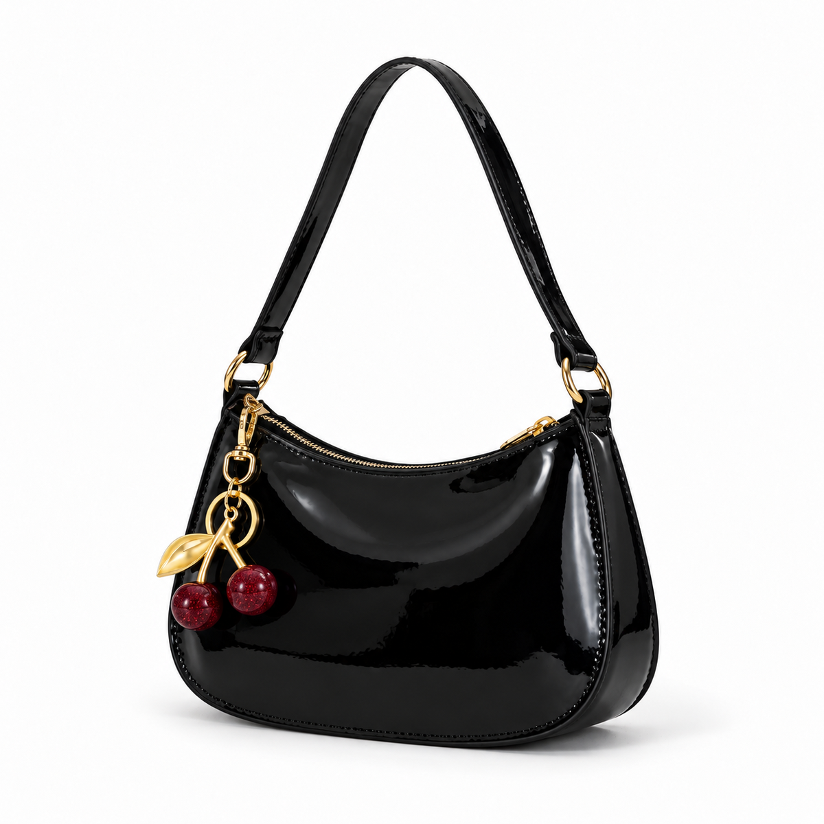 Glossy Black Cherry Charm Shoulder Bag