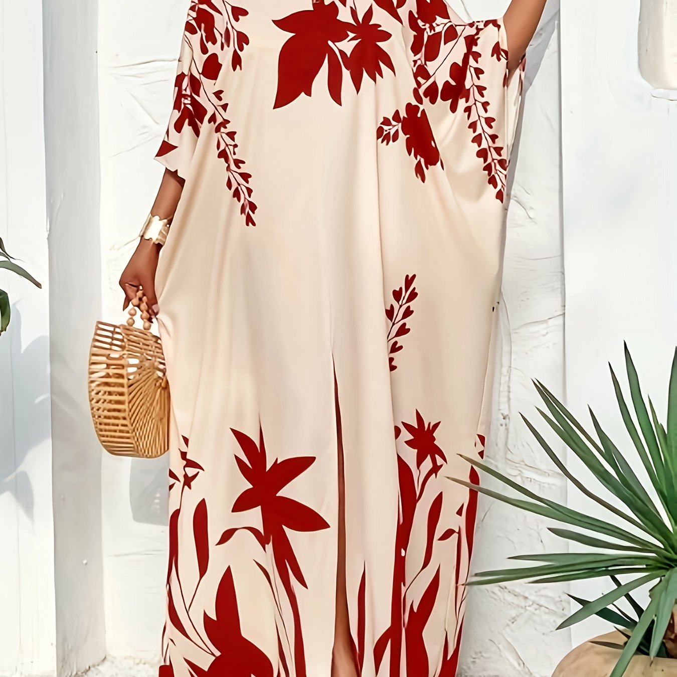 Plus Size, Autumn/Winter Plus Size Blue and White Botanical Print Elegant Dress, Flattering and, Versatile for Daily Outings, Suitable for Christmas, Valentine's Day, and Various Holiday Occasions