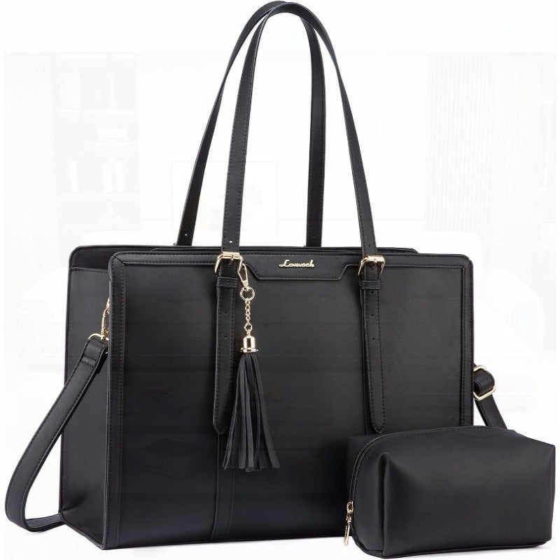 Laptop Bag for Women 15.6 inch Lightweight PU Laptop Tote Bag Large Capacity Computer bag with Clutch Purse for Business Work Office Travel School Casual Black and Faux Leather
