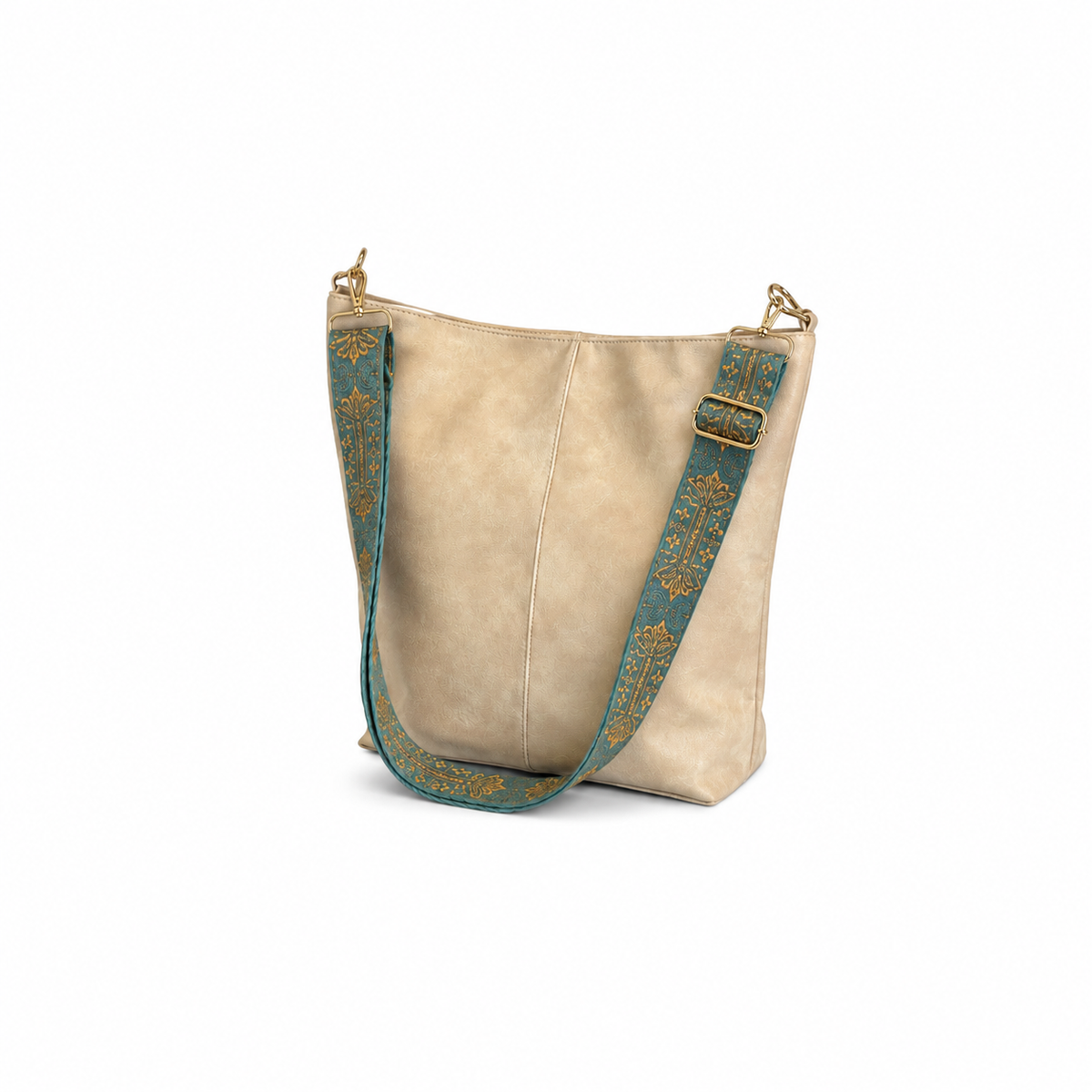 Beige Boho Shoulder Bag with Embroidered Strap