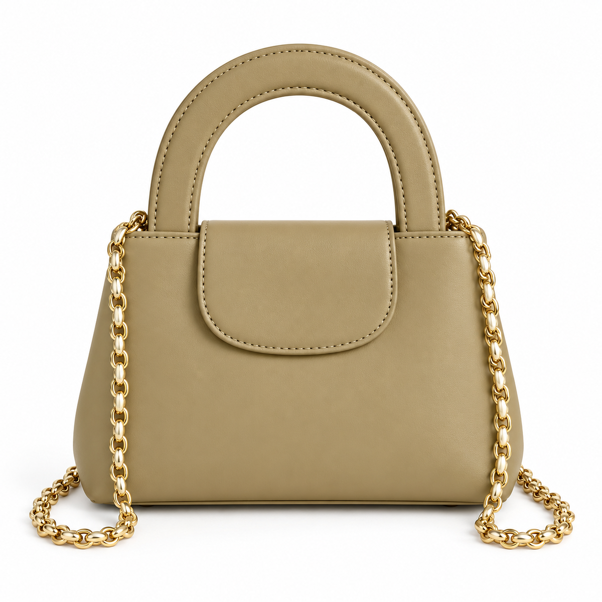 Khaki Vegan Leather Chain Handle Handbag