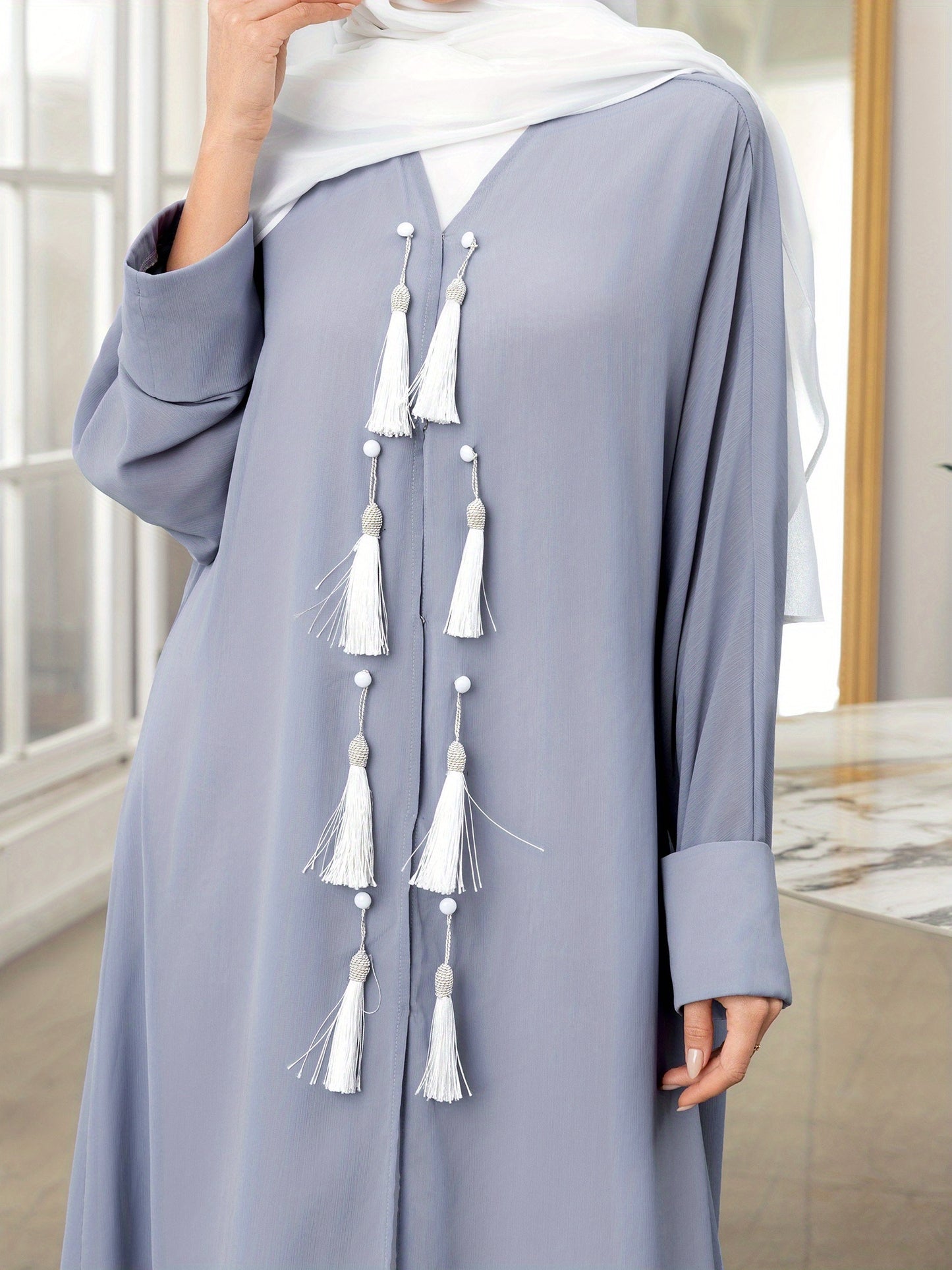 Elegant Gray Long Sleeve Tassel Cardigan - Loose Fit Caftan Gown for All Seasons