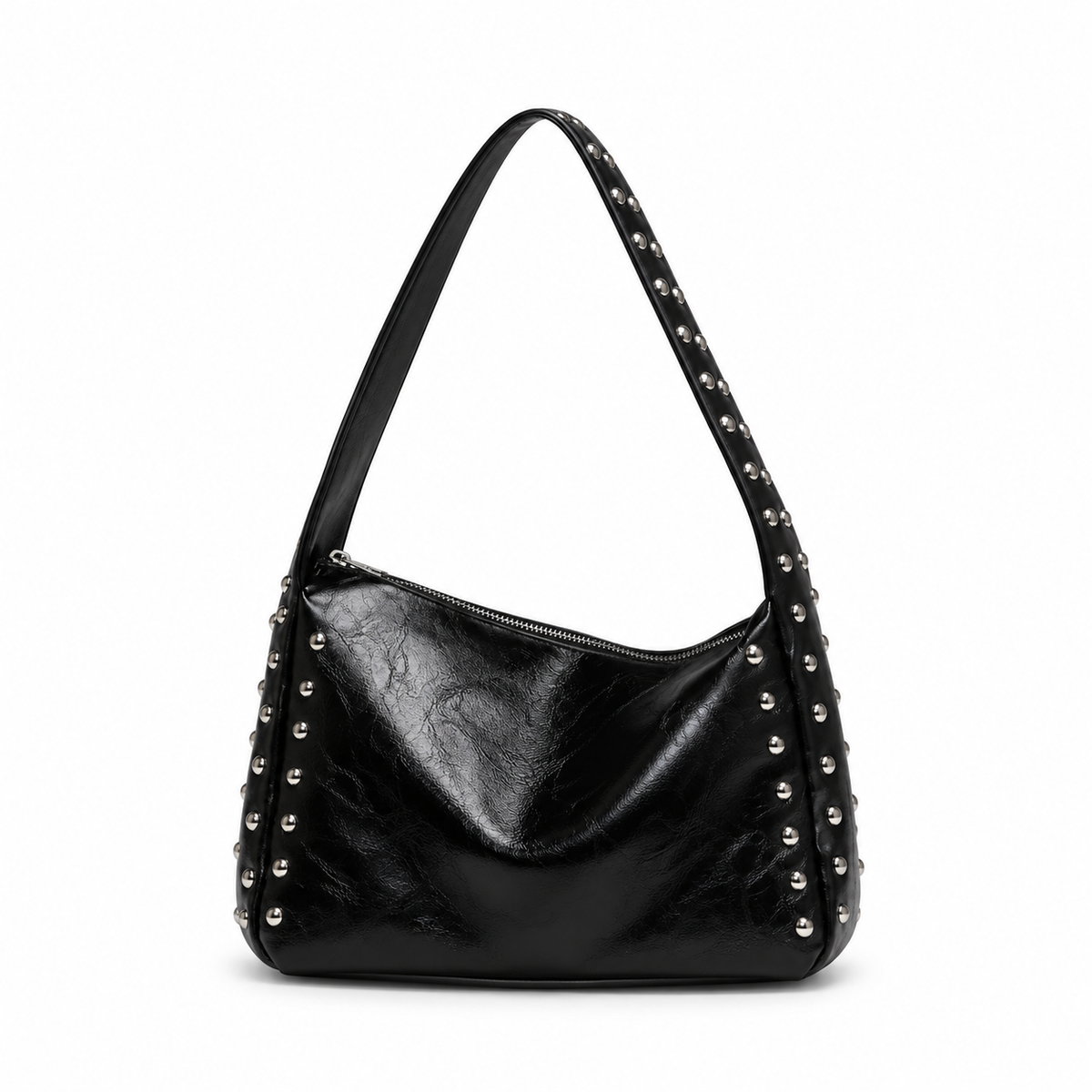 Studded Black Slouchy Shoulder Hobo Bag