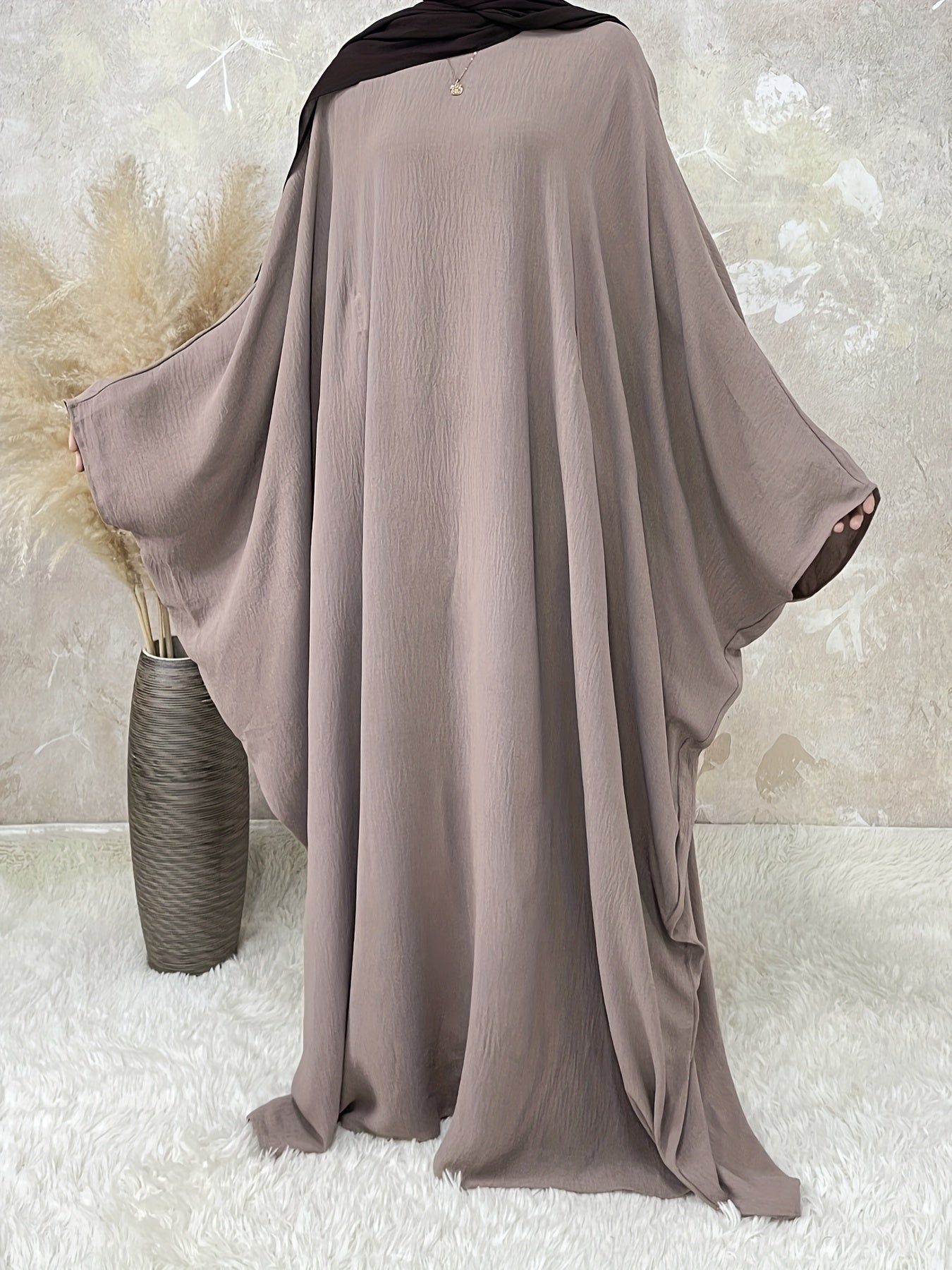Women's Vintage Arabic Abaya Dress - Ramadan Modest Batwing Sleeve Long Dress with Waist Belt, Loose Fit Solid Black, Faux Pockets for All-Season Wear, Muslim Dress, Modest Apparel