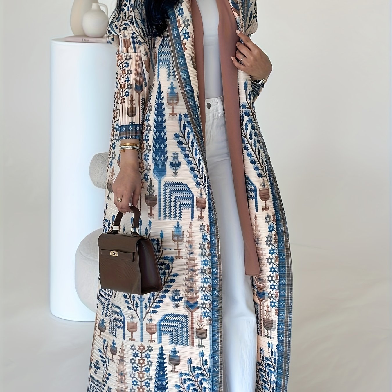 Elegant Palace-Style Geometric Print Robe - Lightweight High-Stretch Polyester Open-Front Abaya with Adjustable Drawstring Waist, Long A-Line Loose Fit for Spring/Autumn