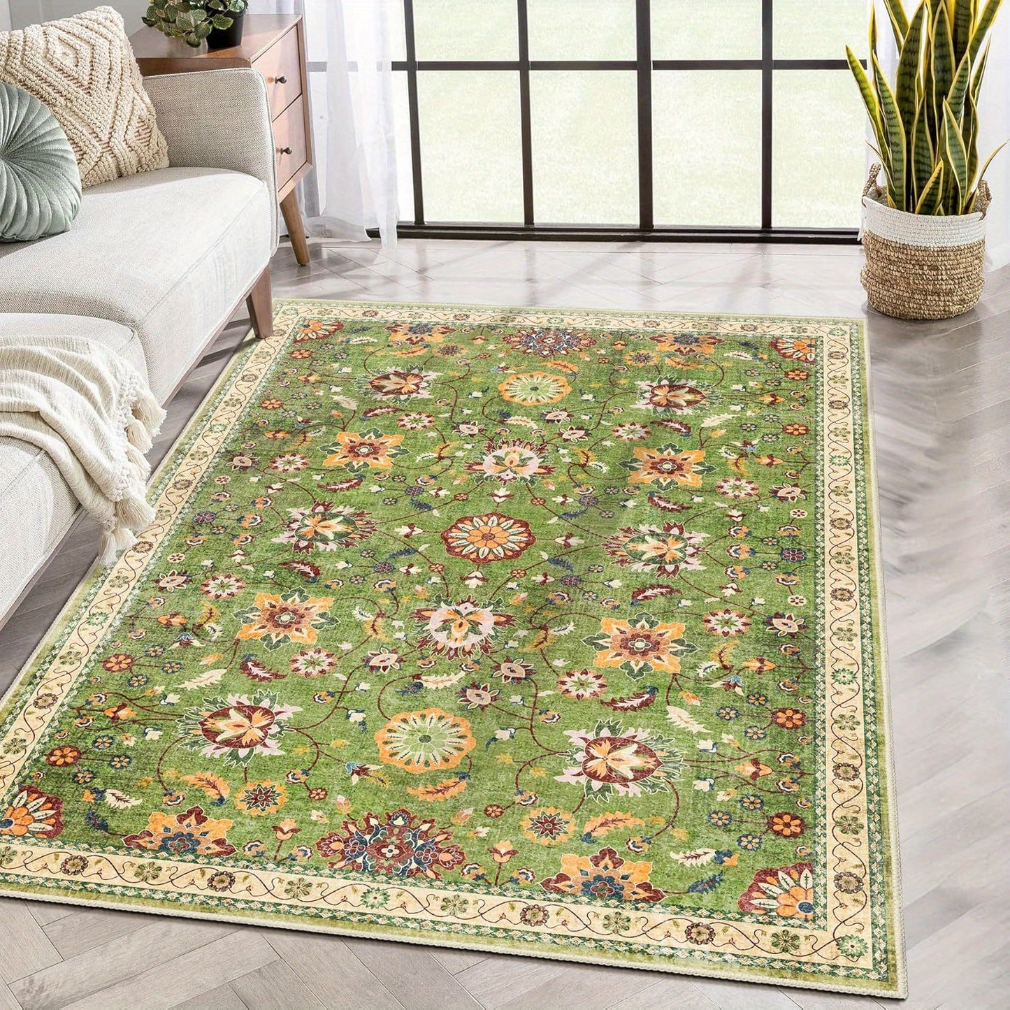 Vintage Floral Printed Non-Slip Mat - Polyester Flat Weave Indoor/Outdoor Mat for Living Room, Bedroom, Patio