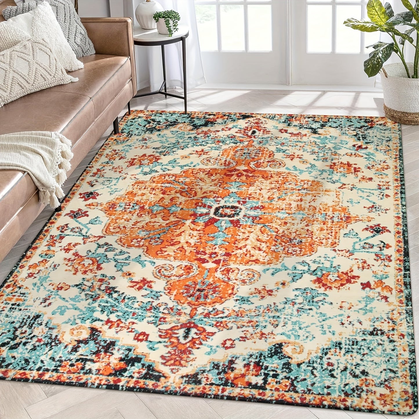 Bohemian Floral Medallion Area Rug - Oriental Distressed Bedroom Carpet Country Vintage Faux Wool Indoor Throw Mat Non-Slip Washable Low-Pile Carpet For Bathroom Living Kitchen Laundry Room