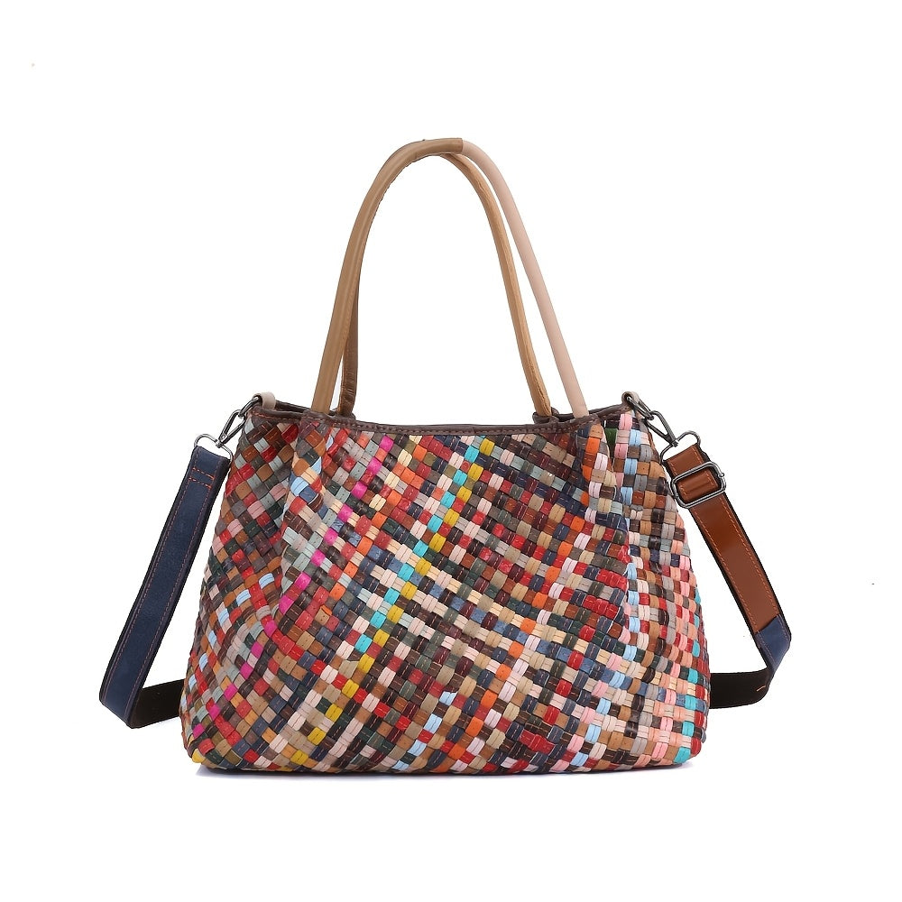 Genuine Leather Woven Women's Bag with Adjustable Crossbody Strap, Colorful Striped Design Options, Perfect for Casual or Formal Occasions