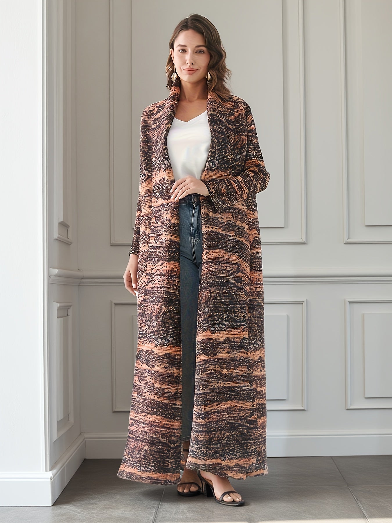 Printed Sleeveless Long Robe Abaya with Leopard Print, Pleated Detailing & Adjustable Waist Belt - Machine Washable Mid-Stretch Fabric for All-Season Wear, Versatile Outerwear, Flowing Silhouette