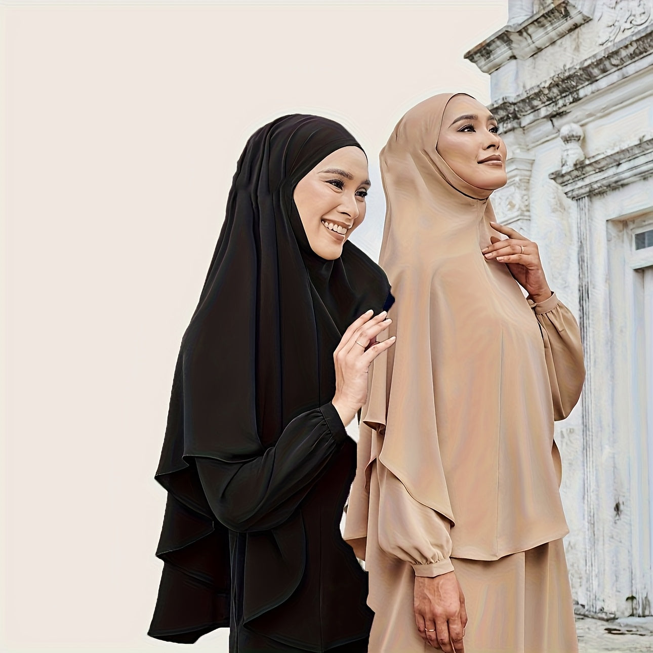 2pcs/set Breathable Polyester Women's Convenient Wearable Instant Muslim Hijab Khimar Abaya | Adjustable Drawstring, Turban Hat Style for Easy Prayer & Worship, Hand Wash or Dry Clean, Beige