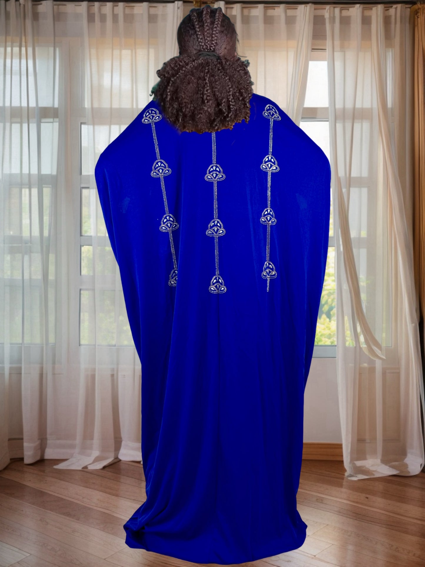 Women's Middle Eastern Turkish Kaftan Abaya - Royal Blue with Golden & White Embroidery, Long Sleeve Boho Elegance, Premium Fabric for All-Season Wear, Hand Wash/Dry Clean, Cultural Attire
