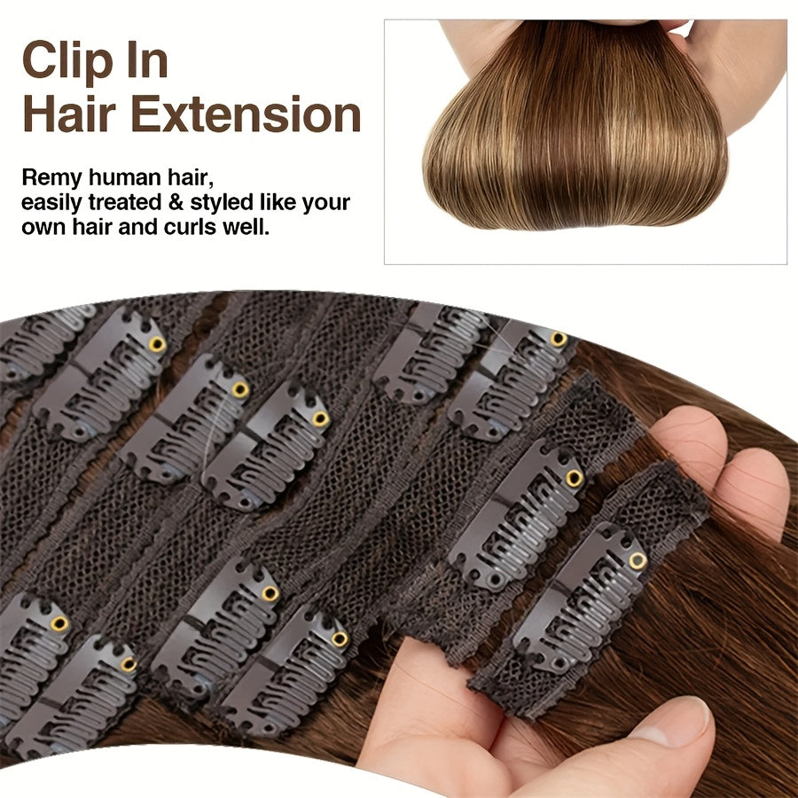 8pcs Brazilian 100% Human Hair Hair Extensions with 18 Clips In - #4/27 Highlight Straight Hair Suitable for Women, Highlights, Volume & Length, 4/27 Color Match for Afro Hair