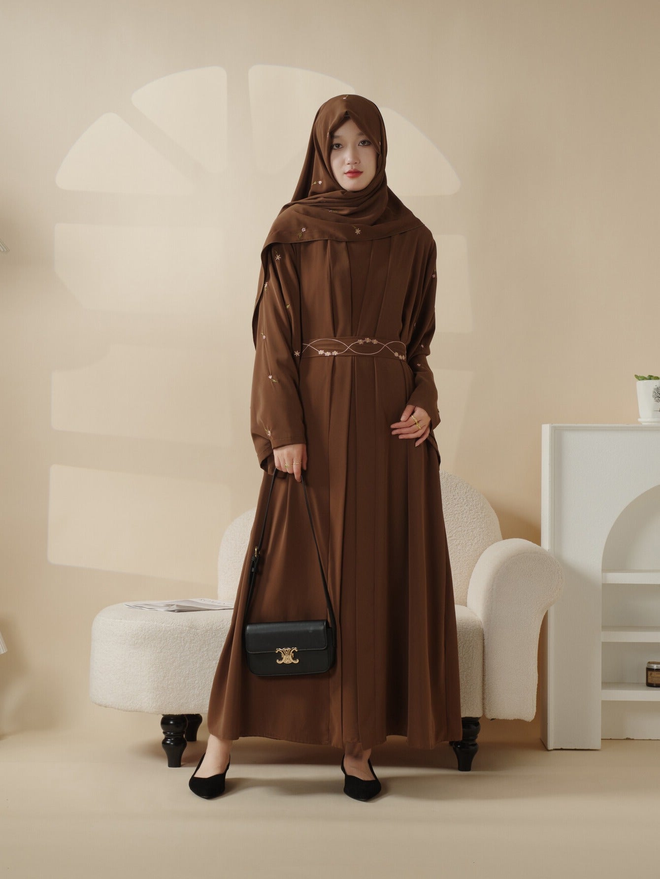 Tulip Embroidery Open Abaya 4pcs set: Includes open abaya, inner dress, matching belt, and hijab